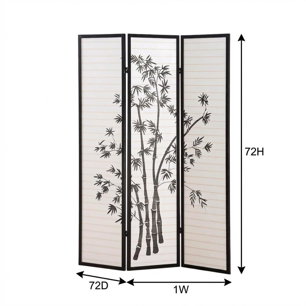 Black 3-Panel Wood Folding Room Divider, Rice Paper, 72 Inch