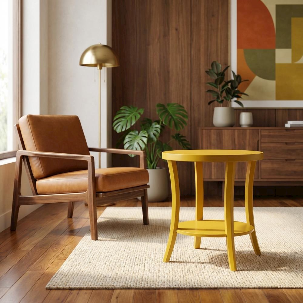 Yellow round end table with shelf for living room decor