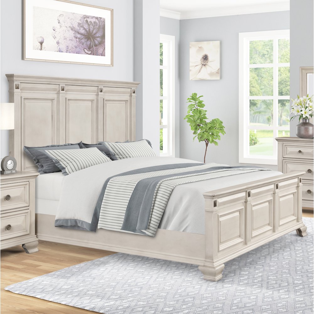 Distressed Parchment Wood Bedroom Set, King Bed, Dresser, Mirror, Nightstand