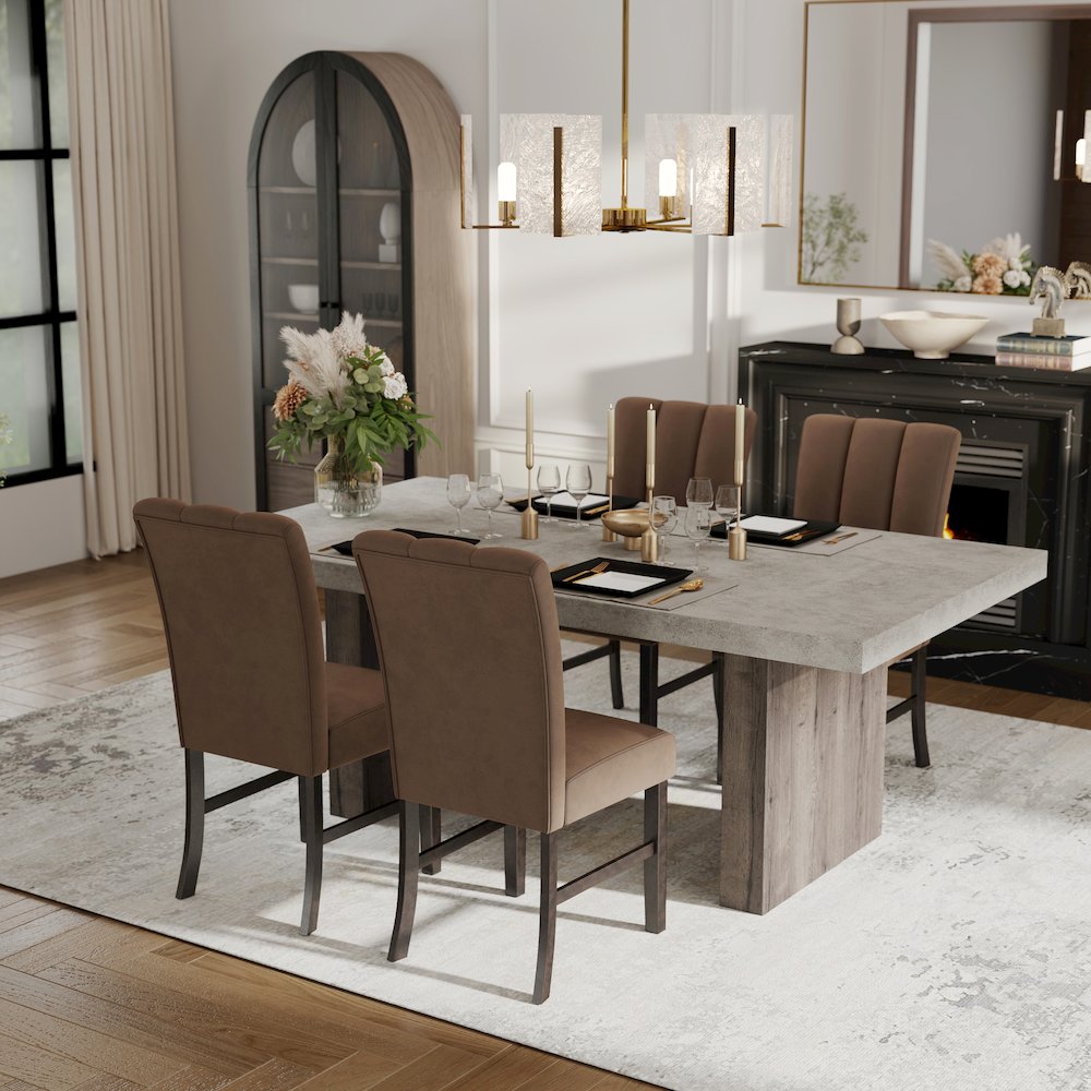 Sorlen 5-Piece Dining Set, 3D Faux Concrete Table with 4 Chocolate Fabric Chairs