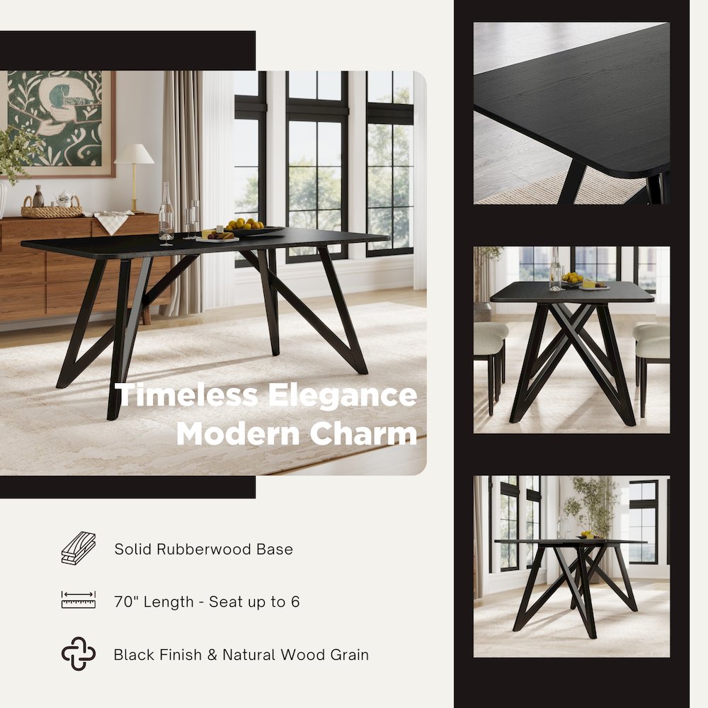 Axler 70-in Length Dining Table, Tripod-Cross Leg, Black