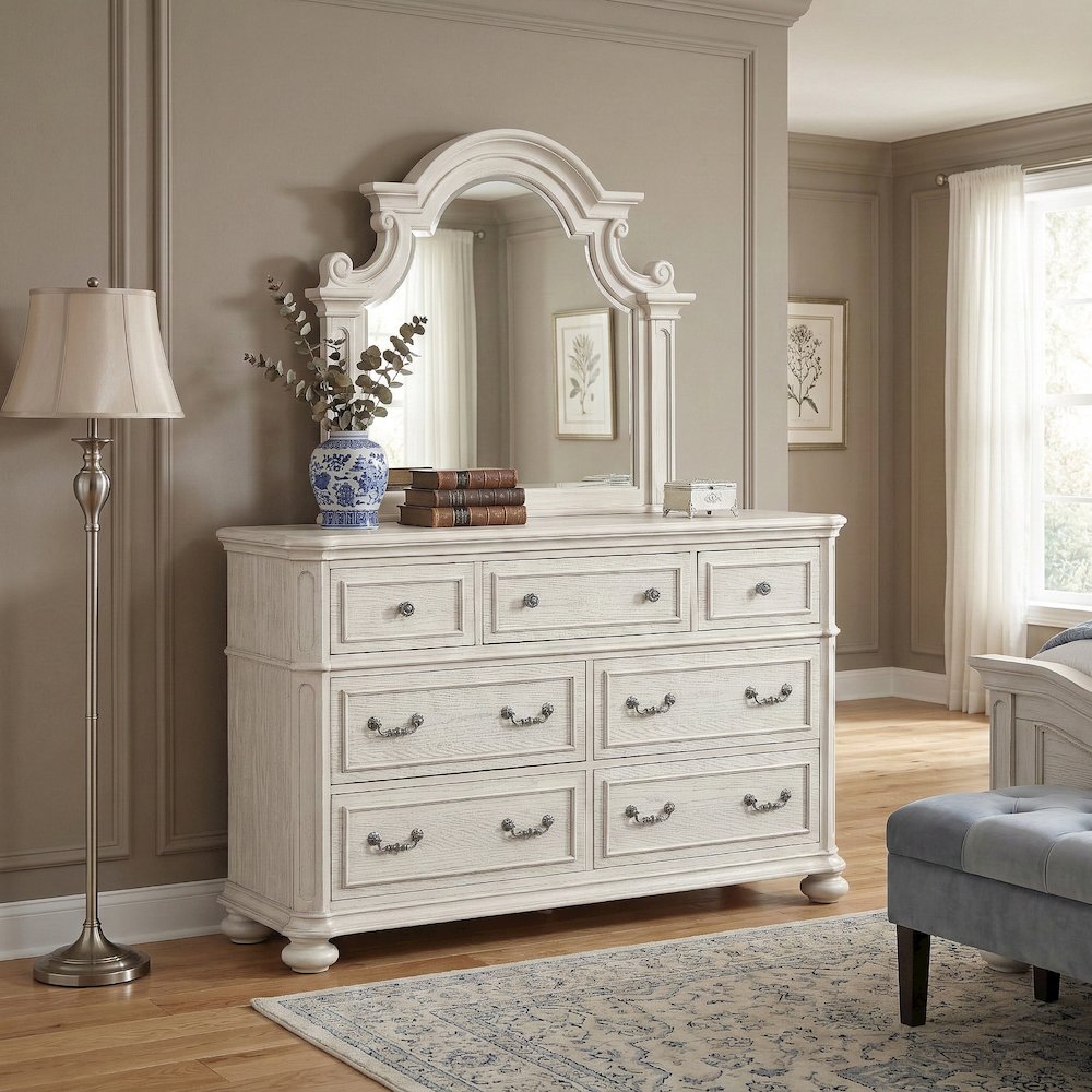 Nelson 7-Drawer Bedroom Dresser with Mirror, Antique White