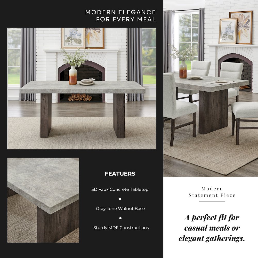 Sorlen 5-Piece Dining Set, 3D Faux Concrete Table with 4 Chocolate Fabric Chairs