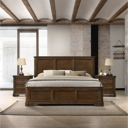 3-Piece Bedroom Set, Queen Panel Bed and 2 Nightstands, Antique Walnut Finish