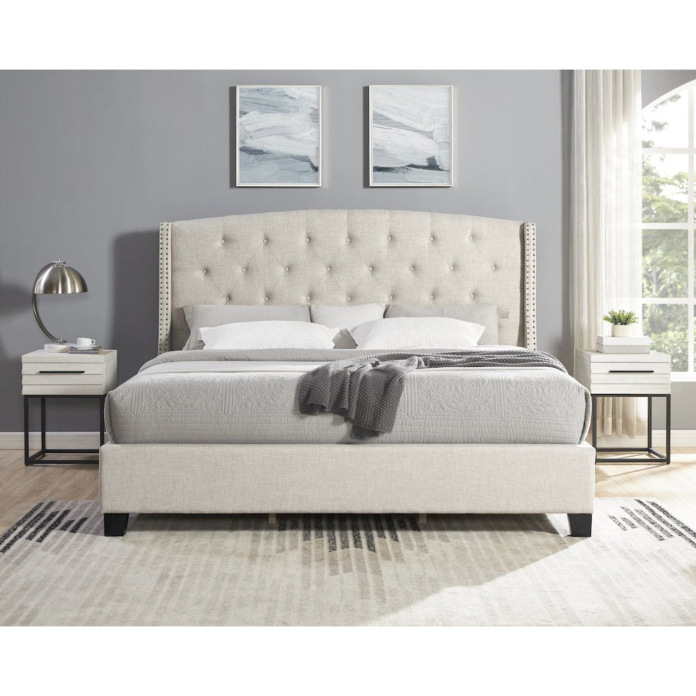 3-Piece Upholstered Bedroom Set, Tufted Wingback Bed, 2White Nightstands, King