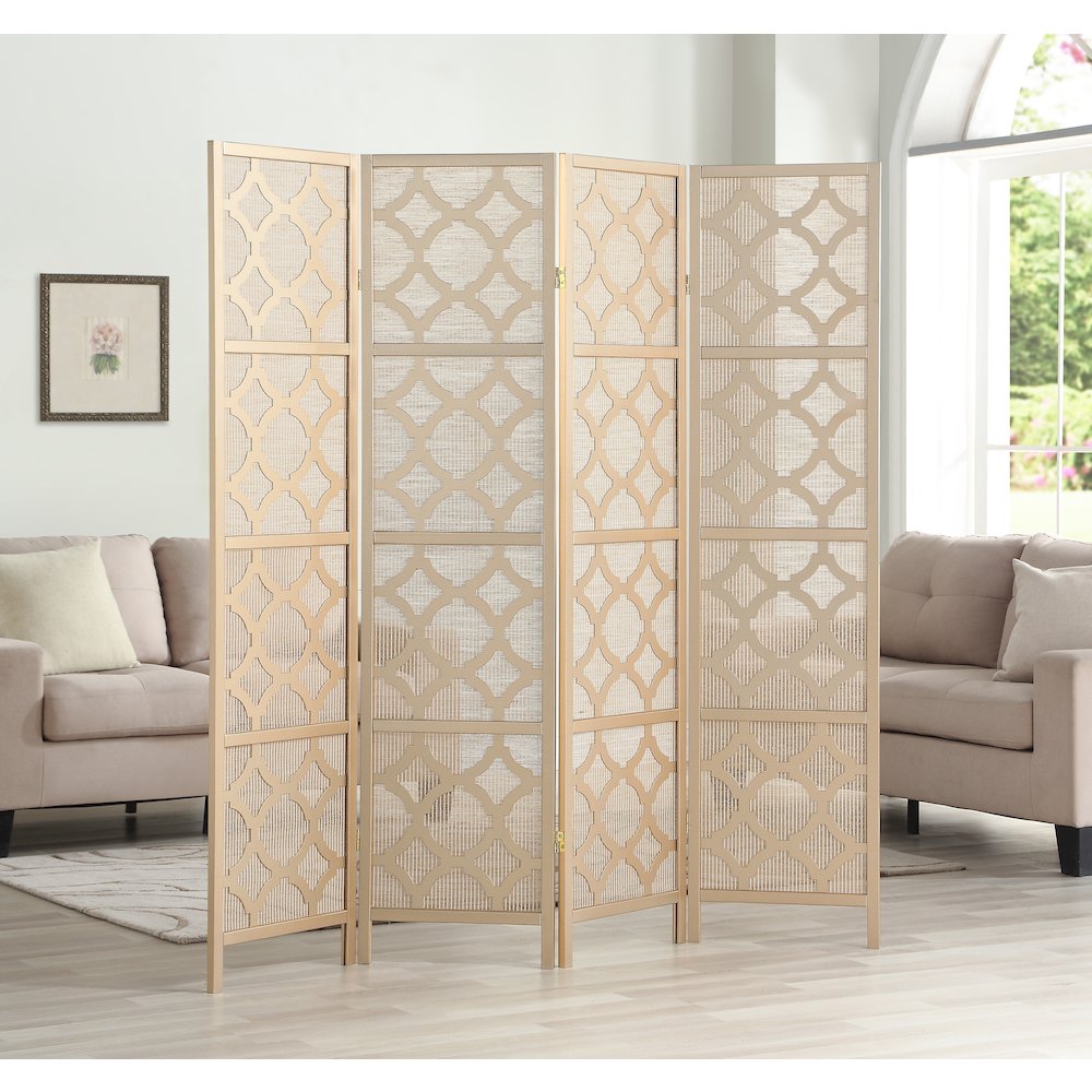 Quarterfoil infused Diamond Design 4-Panel Room Divider, Gold