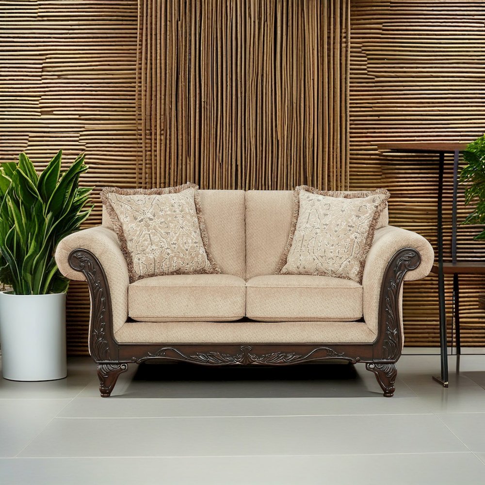 Hernen Carved Wood Frame Loveseat, Emma Wheat