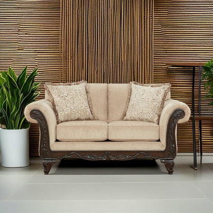 Hernen Carved Wood Frame Loveseat, Emma Wheat