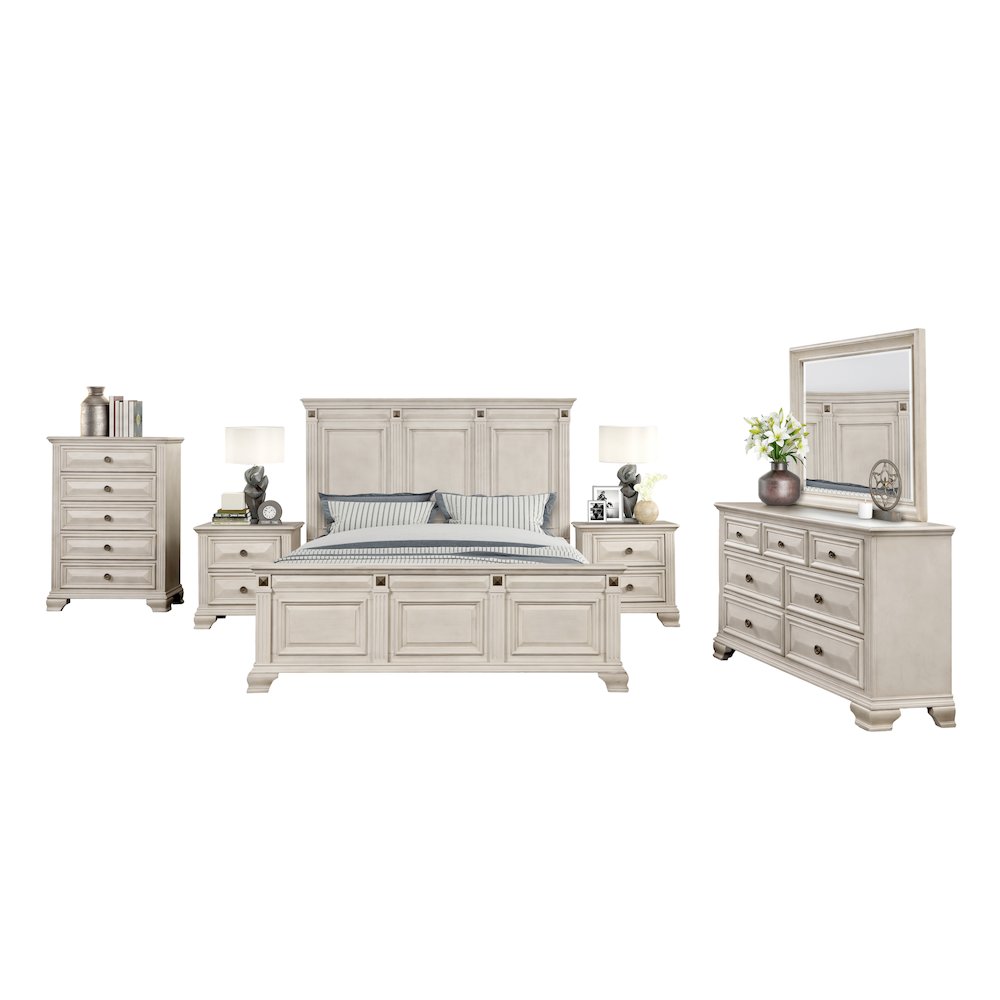 Parchment Wood Bedroom Set, King Bed, Dresser, Mirror, 2 Nightstands, Chest