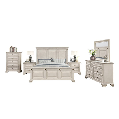 Parchment Wood Bedroom Set, King Bed, Dresser, Mirror, 2 Nightstands, Chest