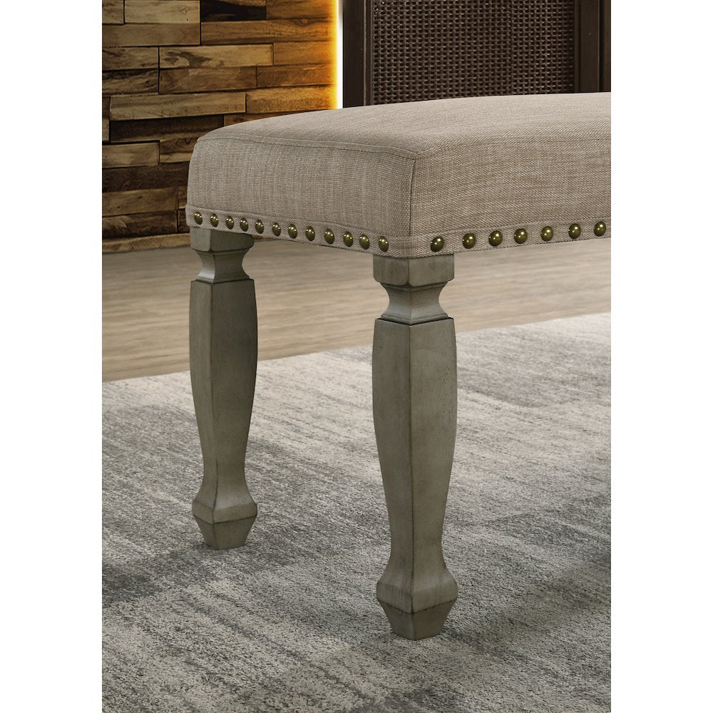 Breda Antique Gray Finish Upholstered Nailhead Bench