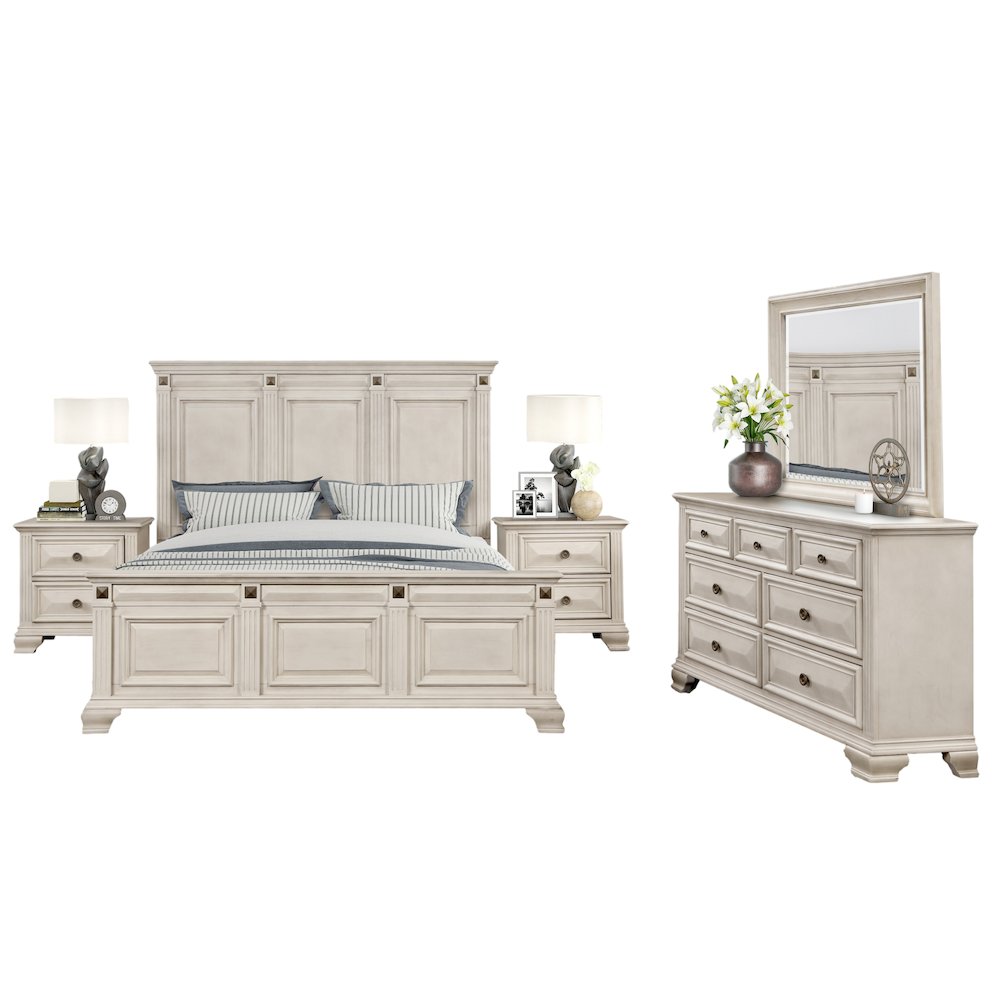 Distressed Parchment Wood Bedroom Set, King Bed, Dresser, Mirror, 2 Nightstands