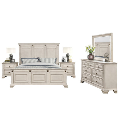 Distressed Parchment Wood Bedroom Set, King Bed, Dresser, Mirror, 2 Nightstands