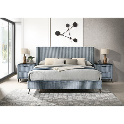 Mavela Wide Wale Corduroy Upholstery Panel King Bed with 2 Nightstands, Blue
