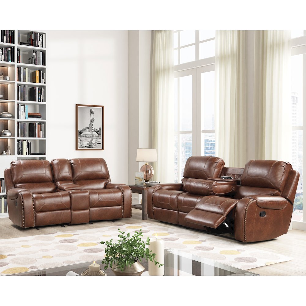 Achern Leather Manual Reclining Sofa and Loveseat, Storage Console and USB Port
