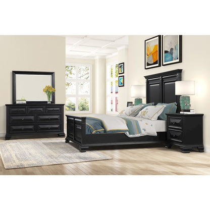 Vintage Black Wood Bedroom Set, Queen Panel Bed, Dresser, Mirror, Nightstand