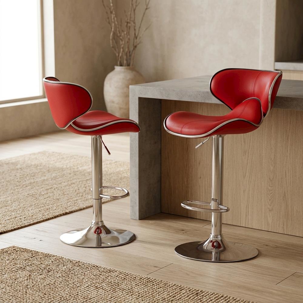 Red Leatherette Adjustable Swivel Barstool with Chrome Base, Set of 2