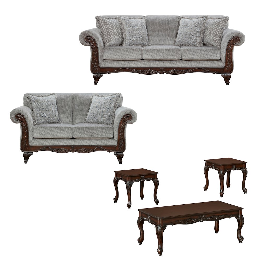Hernen Carved Wood Frame Gray 5-Piece Living Room Set