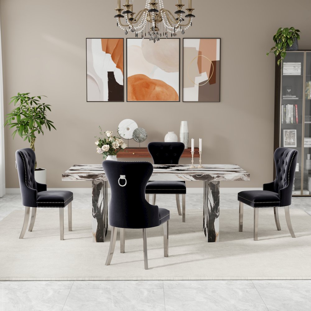 Cavira Faux Marble Dining Table with Double Pedestal Base, Gray