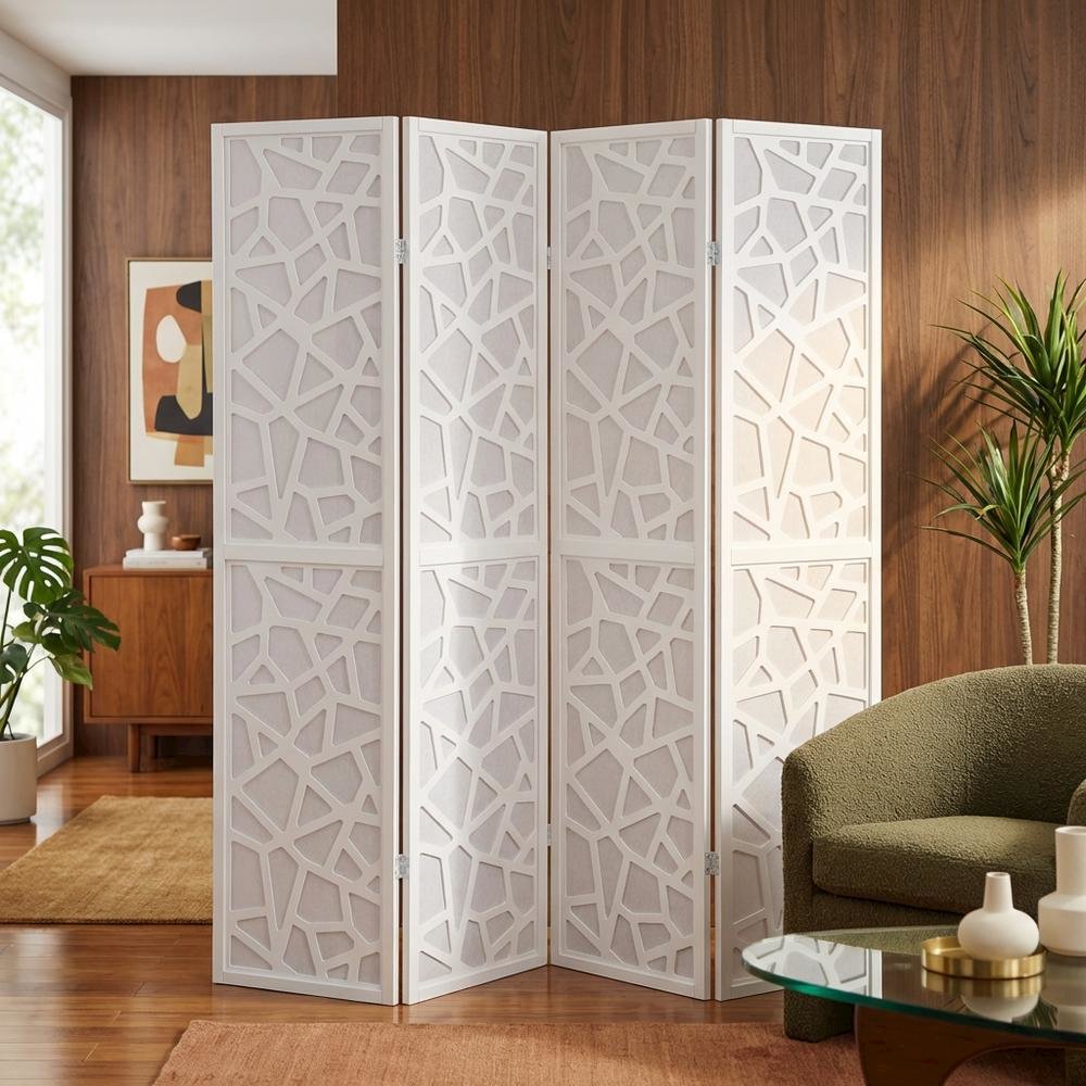 White 4-Panel Wood Folding Room Divider, Fabric, 70 Inch