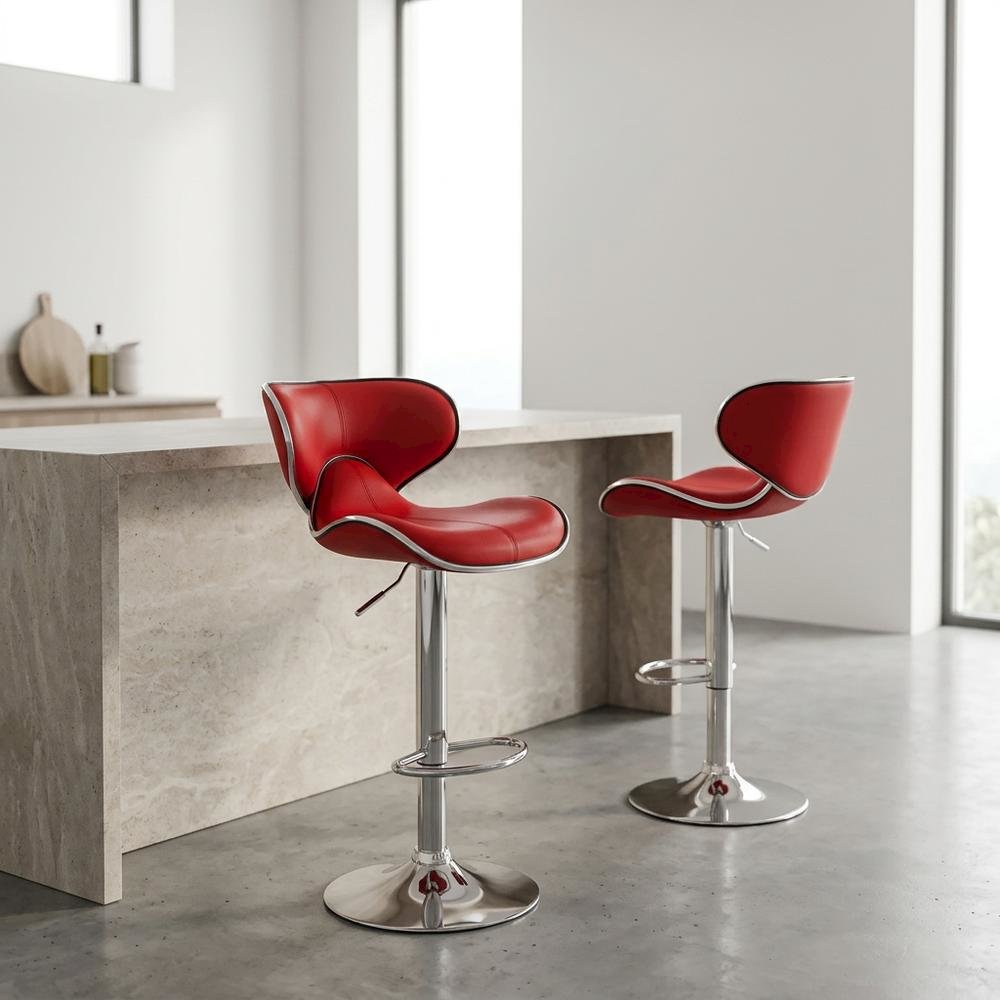 Red Leatherette Adjustable Swivel Barstool with Chrome Base, Set of 2