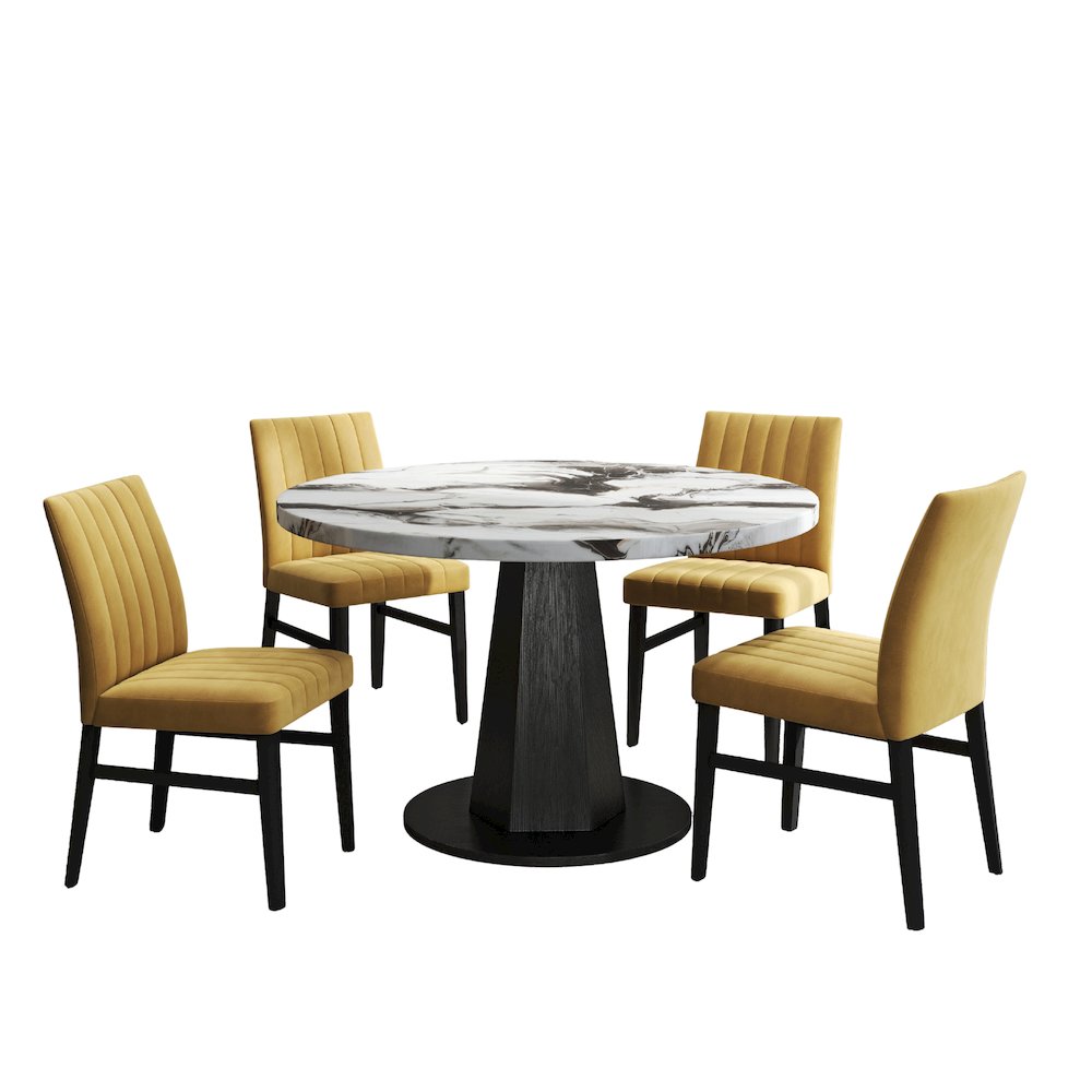 5-Piece Dining Set, Off-White Faux Marble Dining Table with Four Chairs, Yellow
