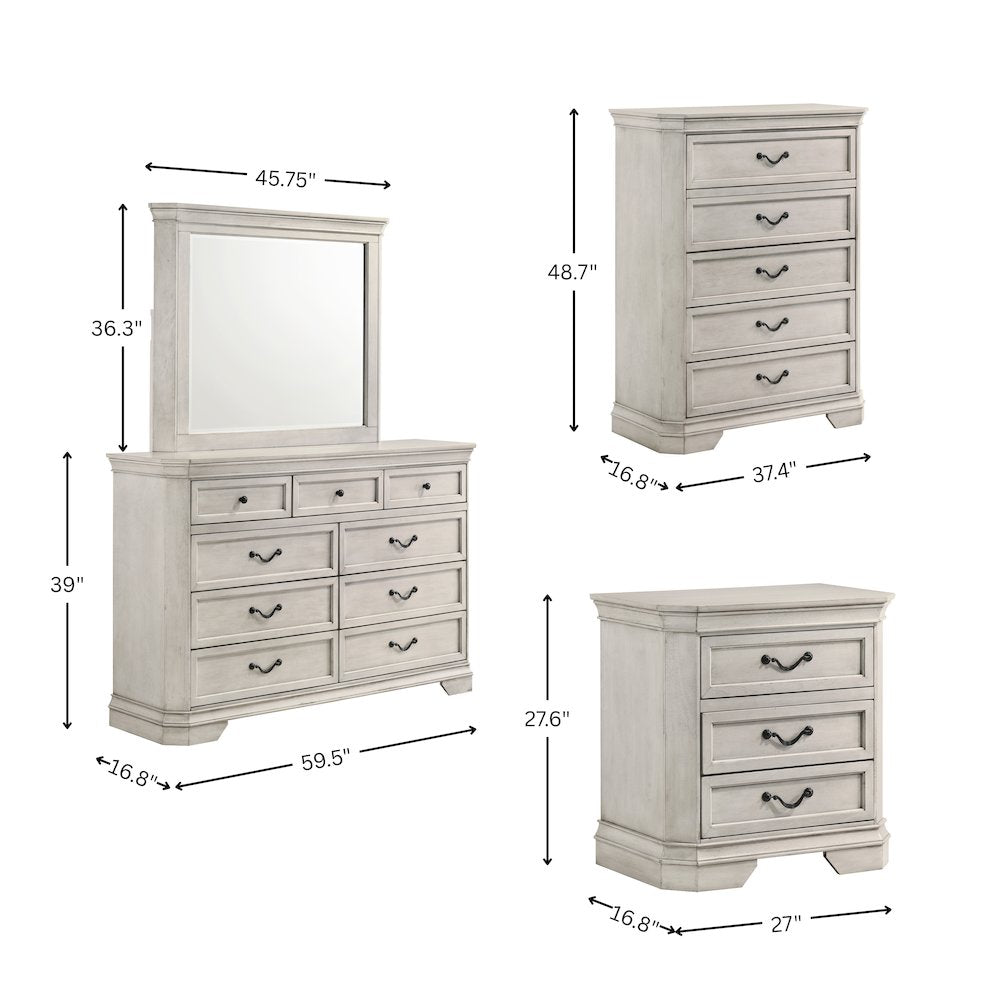 Maderne Wood Panel Bed with Dresser, Mirror, Nightstand, Chest