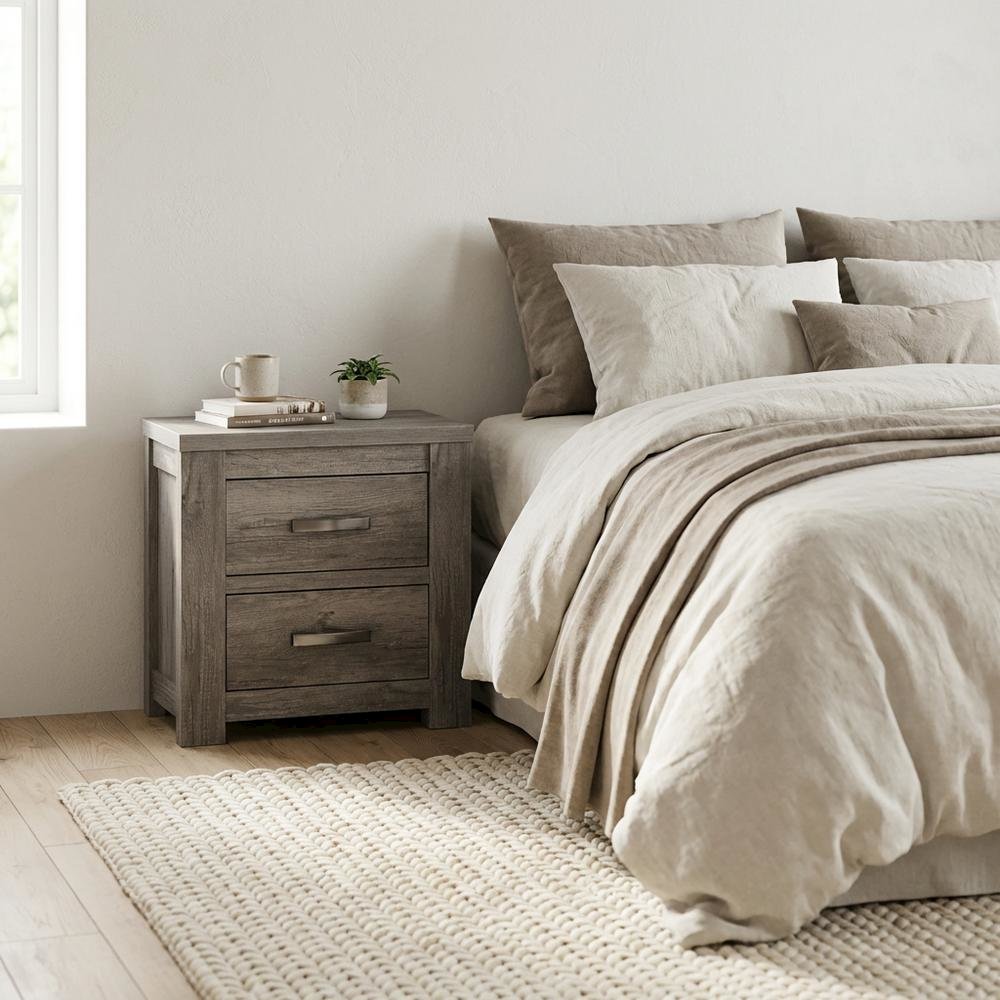 Weathered Gray Wood Nightstand with Two Drawers for Bedroom Storage