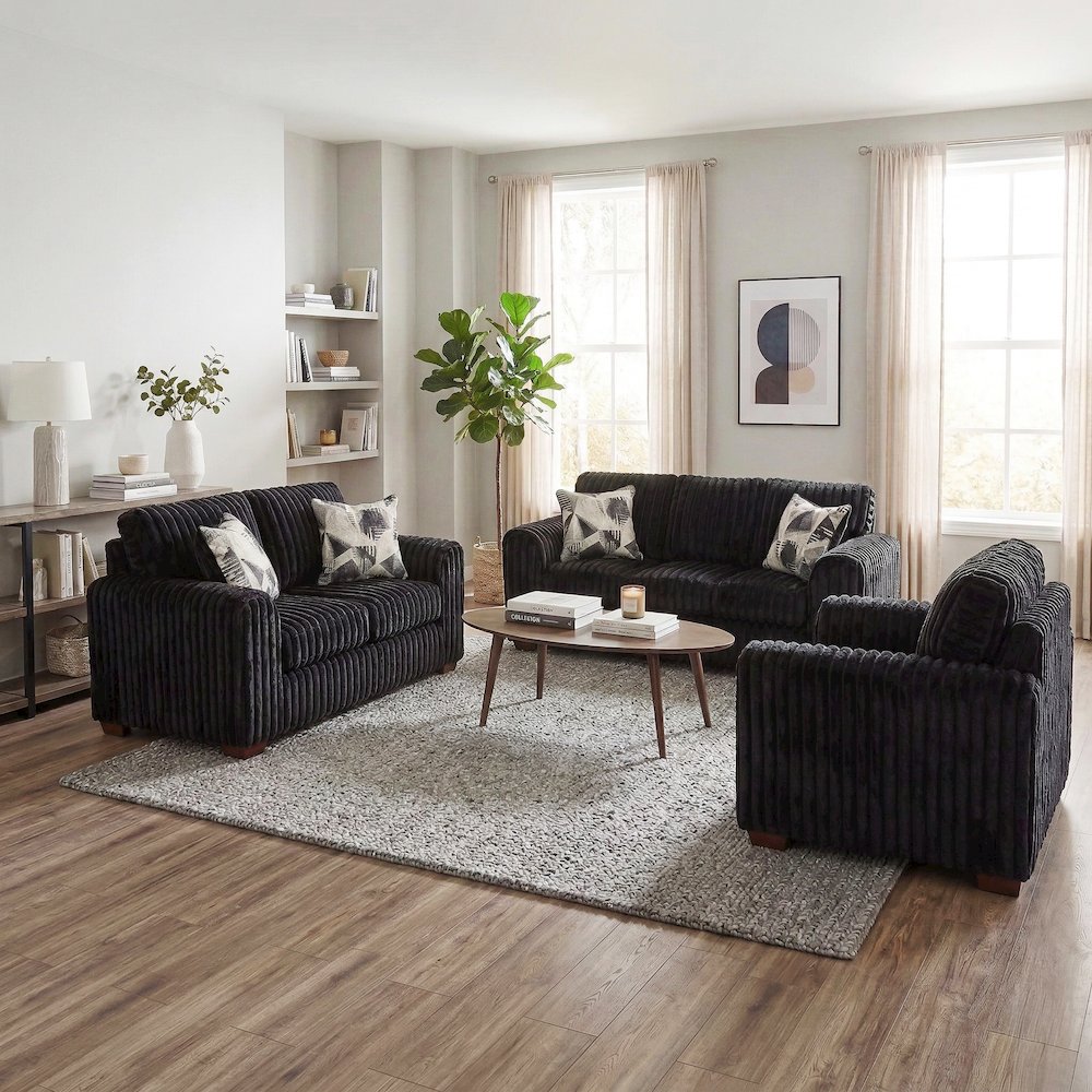 Nolan 3-Piece Living Room Set, Sofa Loveseat and Chair, Lush Black