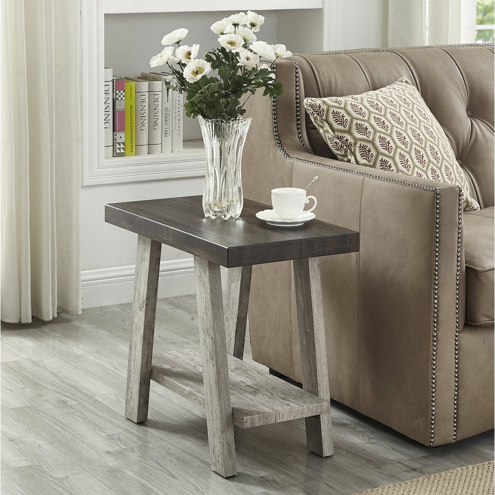 Ethens Contemporary Two-Tone Wood Shelf Side Table in Weathered Walnut and Gray