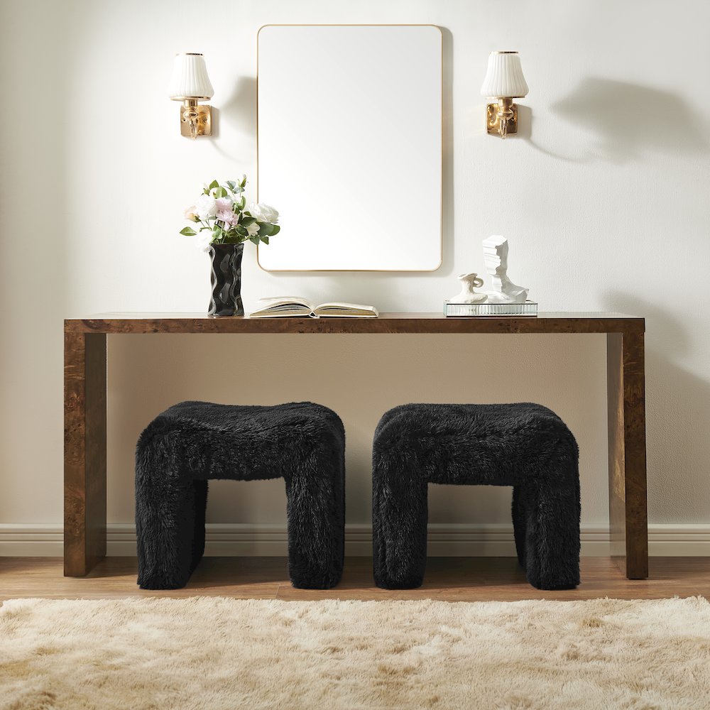 Zorya Contemporary Faux Fur U-Shaped Ottoman, Set of 2, Black