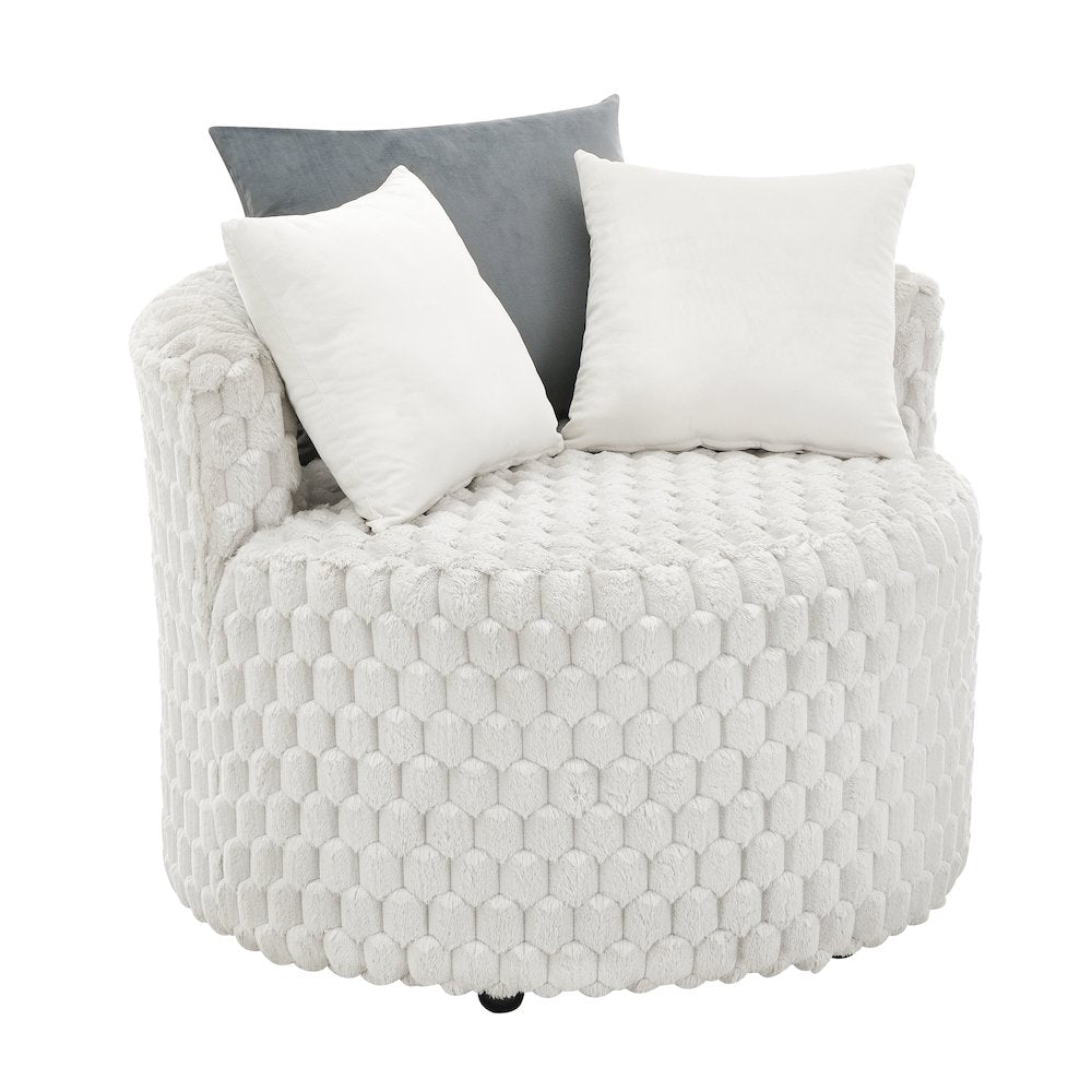 Malna Plush 3D Upholstered Barrel Accent Chair with Wheels, Off-white