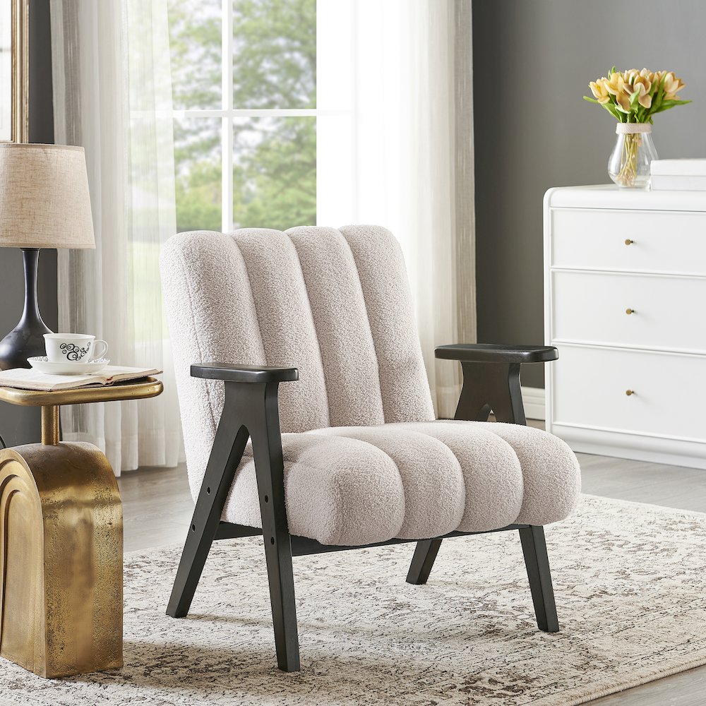Rella Modern Teddy Sherpa Accent Chair with Espresso Wood Frame, Beige