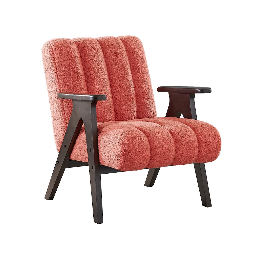 Rella Modern Teddy Sherpa Accent Chair with Espresso Wood Frame, Coral