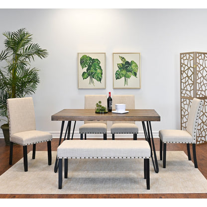 Amisos 6-Pc Dining Set, Hairpin Dining Table with 4 Chairs and Bench, Tan