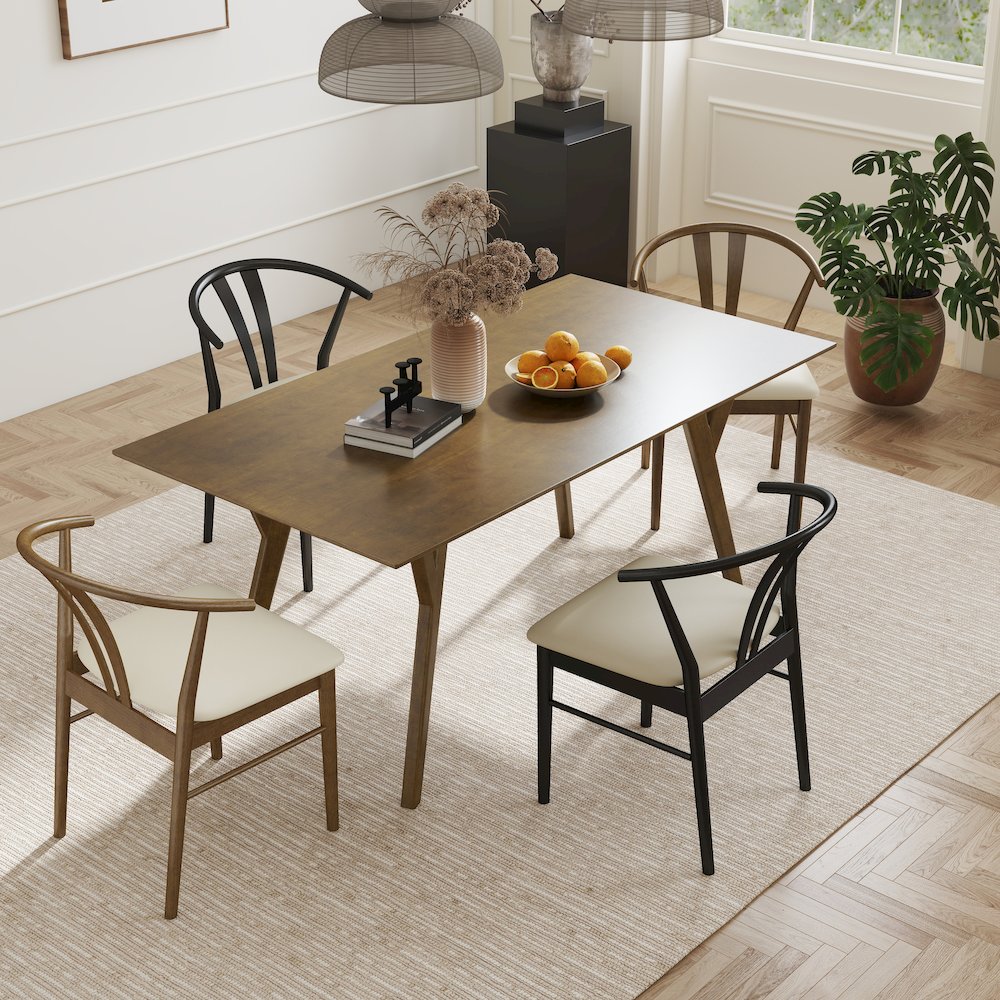 5-Piece Dining Set, Dining Table with 2 Walnut and 2 Black Wishbone Chairs