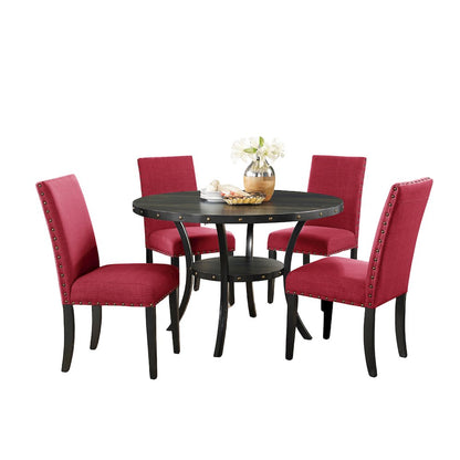 Biony Espresso Wood Dining Set with 4 Fabric Nailhead Chairs, Red