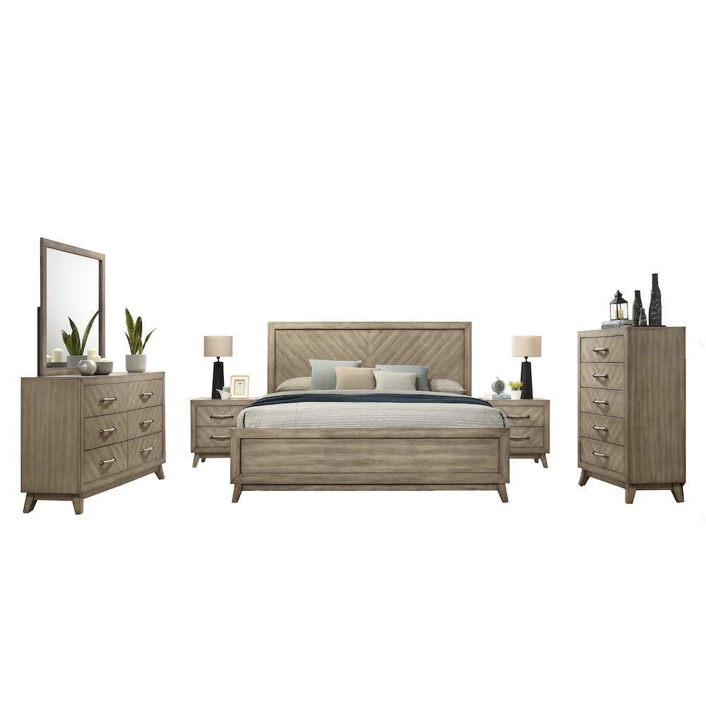 Bedroom Set: Queen Bed, Dresser, Mirror, 2 Nightstands, Chest in Weathered Sand