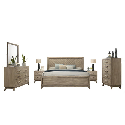 Bedroom Set: Queen Bed, Dresser, Mirror, 2 Nightstands, Chest in Weathered Sand