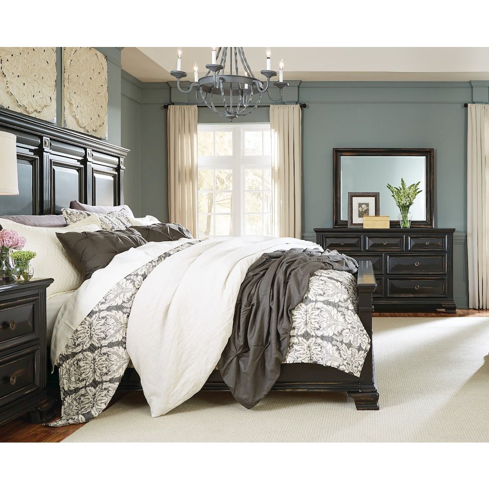 Vintage Black Wood Bedroom Set, King Bed, Dresser, Mirror, Nightstand, Chest