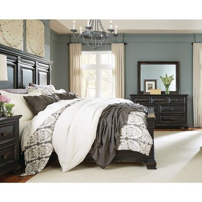 Vintage Black Wood Bedroom Set, King Bed, Dresser, Mirror, Nightstand, Chest