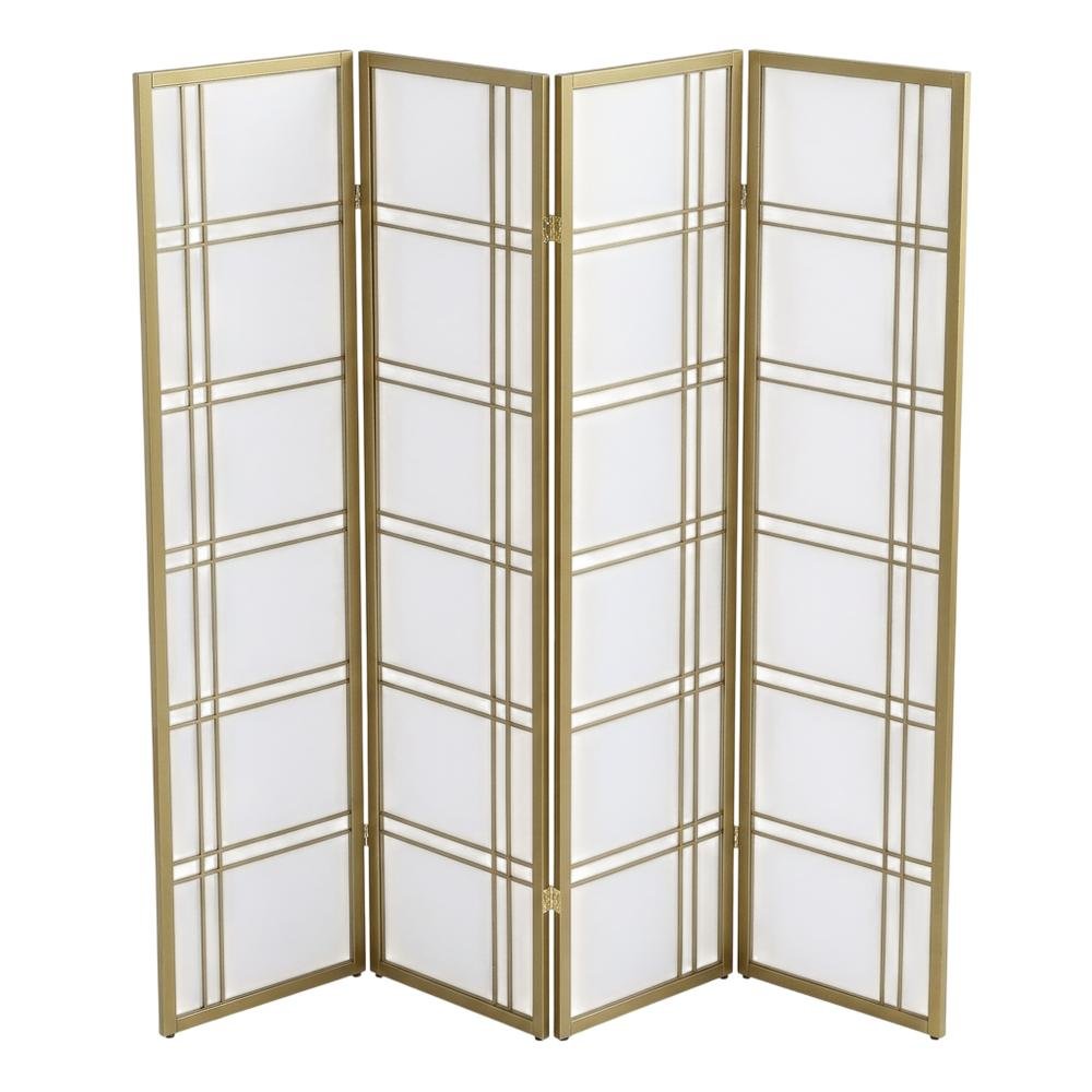 Gold 4-Panel Wood Folding Room Divider, Rice Paper, 70 Inch