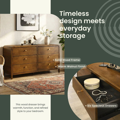 Eldren 6-Drawer Wood Dresser with Solid Rubberwood Frame, Walnut Finish