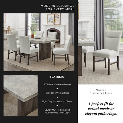 Sorlen Modern 7-Piece Dining Set, 3D Faux Concrete Table with 6 Chairs