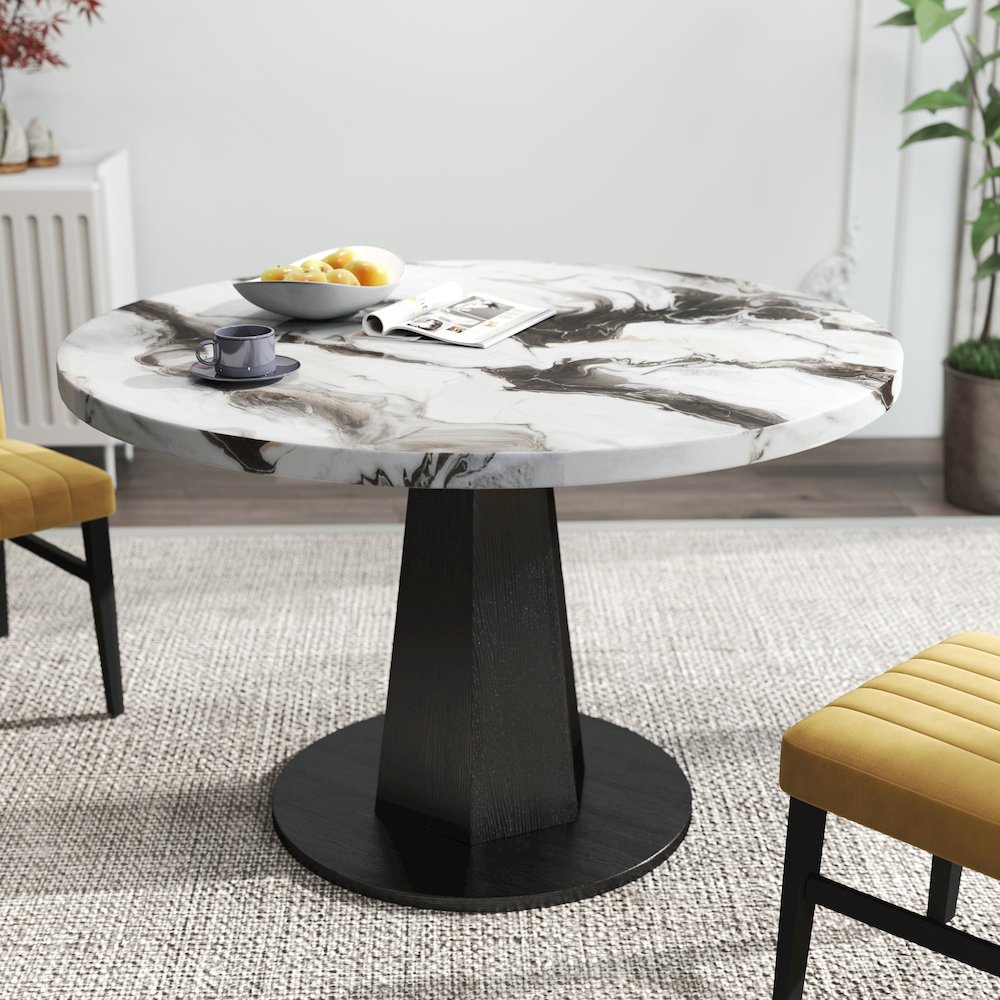 5-Piece Dining Set, Off-White Faux Marble Dining Table with Four Chairs, Yellow