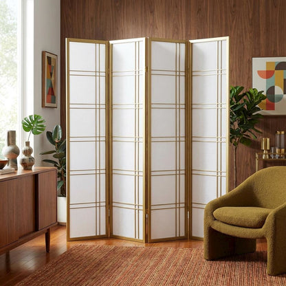 Gold 4-Panel Wood Folding Room Divider, Rice Paper, 70 Inch