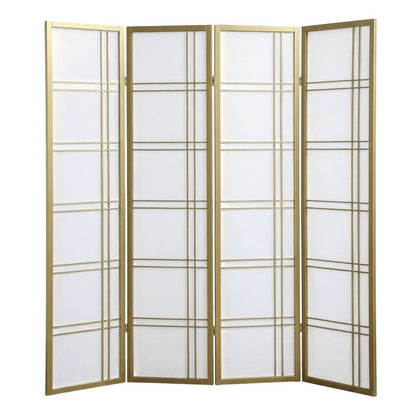 Gold 4-Panel Wood Folding Room Divider, Rice Paper, 70 Inch