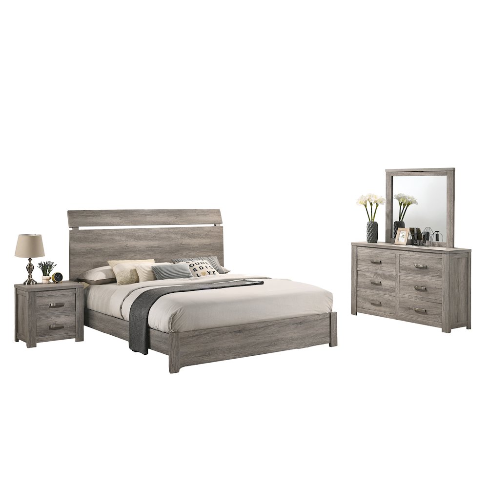 Weathered Gray Wood Bedroom Set, King Panel Bed, Dresser, Mirror, Nightstand