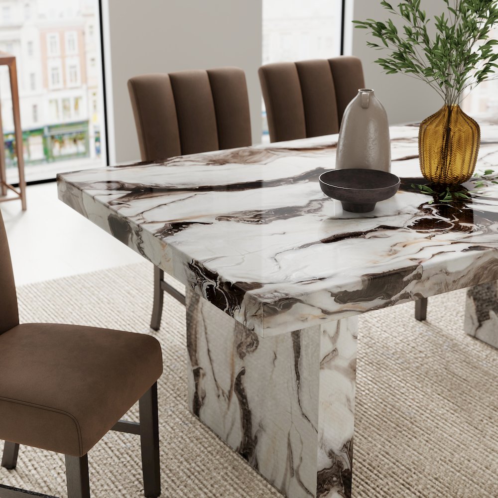 Cavira 5-PC Faux Marble Dining Set, Double Pedestal Table with 4 Chairs
