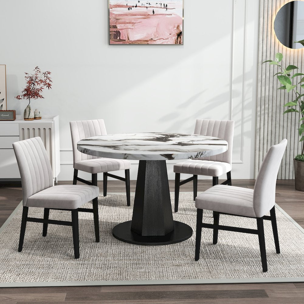 5-Piece Dining Set, Off-White Faux Marble Dining Table with Four Chairs, Tan